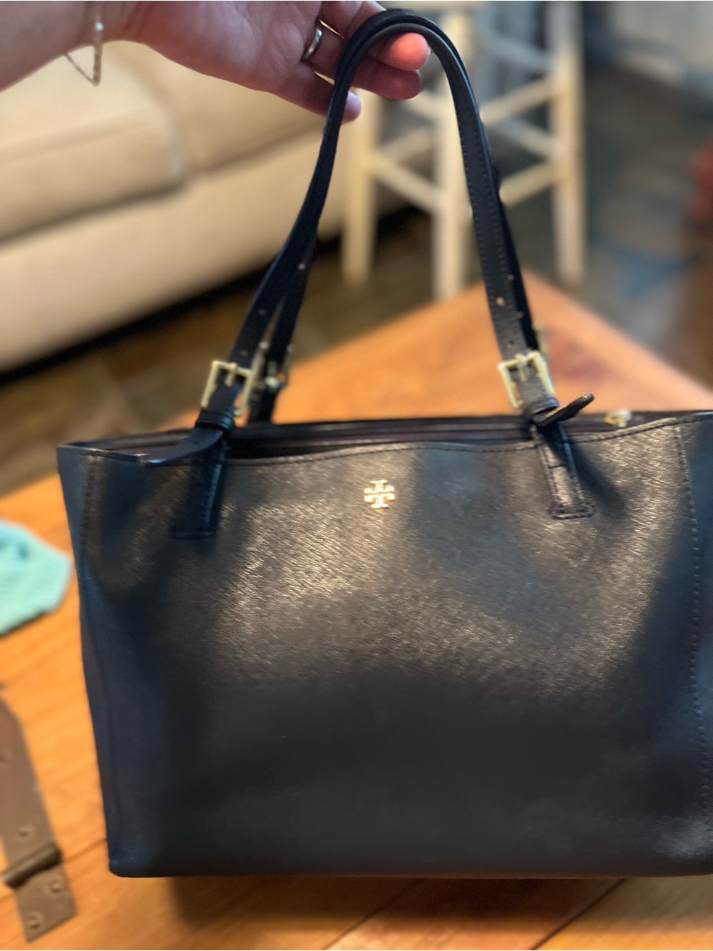 Tory Burch Navy Leather Double-Handle Tote with Gold Logo